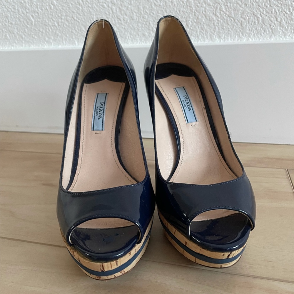 Prada Navy Patent Leather Peep Toe Cork Heels